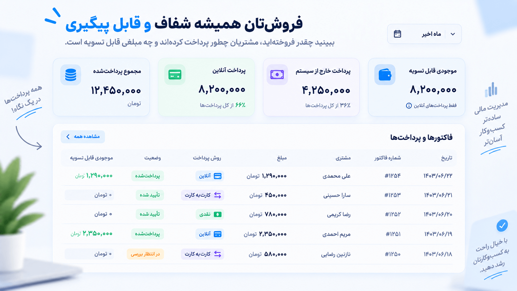 گزارش مالی با تفکیک پرداخت آنلاین، پرداخت خارج از سیستم و موجودی قابل تسویه