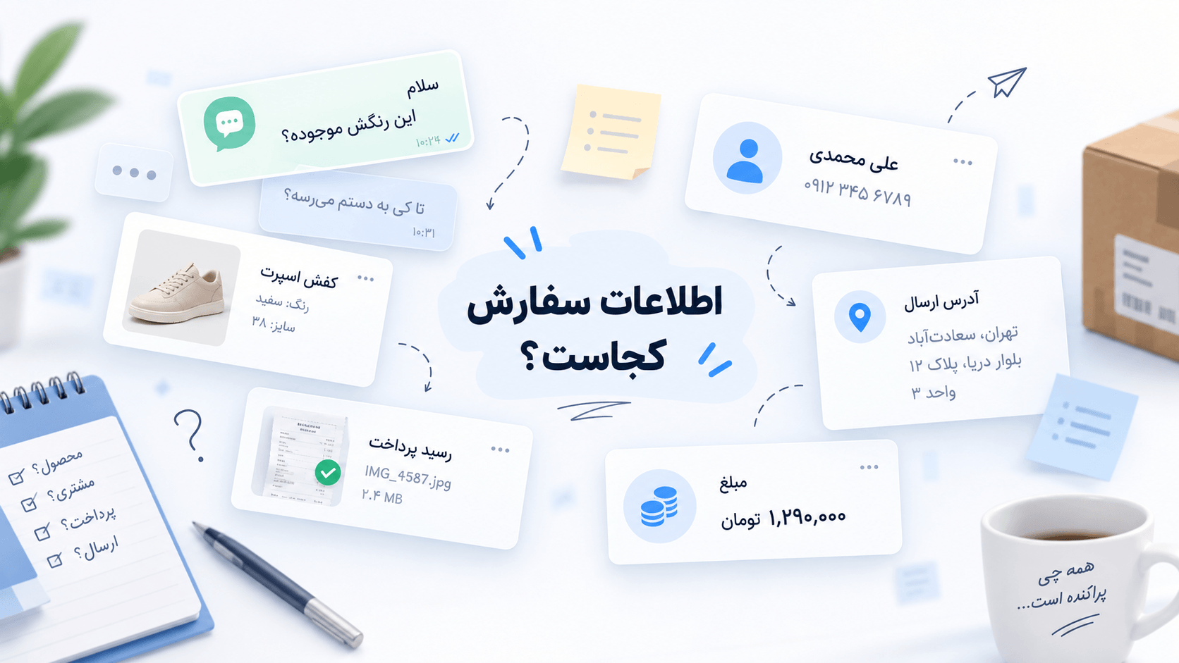 آدرس، مبلغ، مشخصات محصول و رسید پرداخت که به‌صورت پراکنده کنار هم هستند